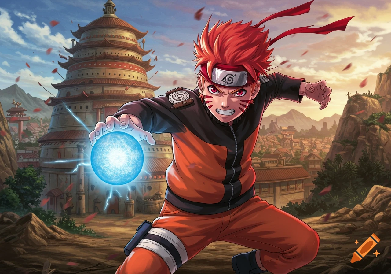 Anime illustration of Naruto casting a Rasengan in front of a village building.