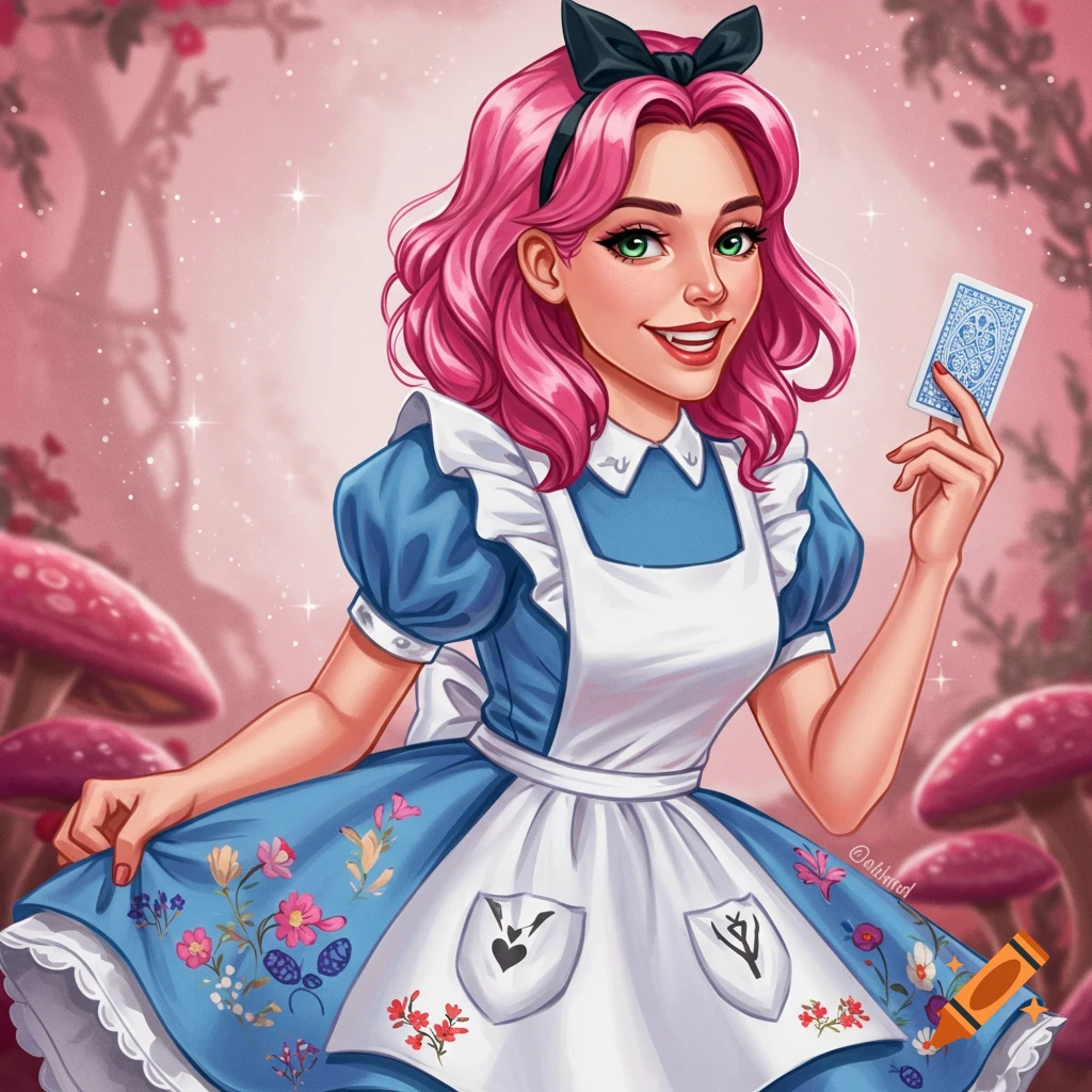 Cartoon illustration of a woman with pink hair in an Alice in Wonderland dress holding a playing card.