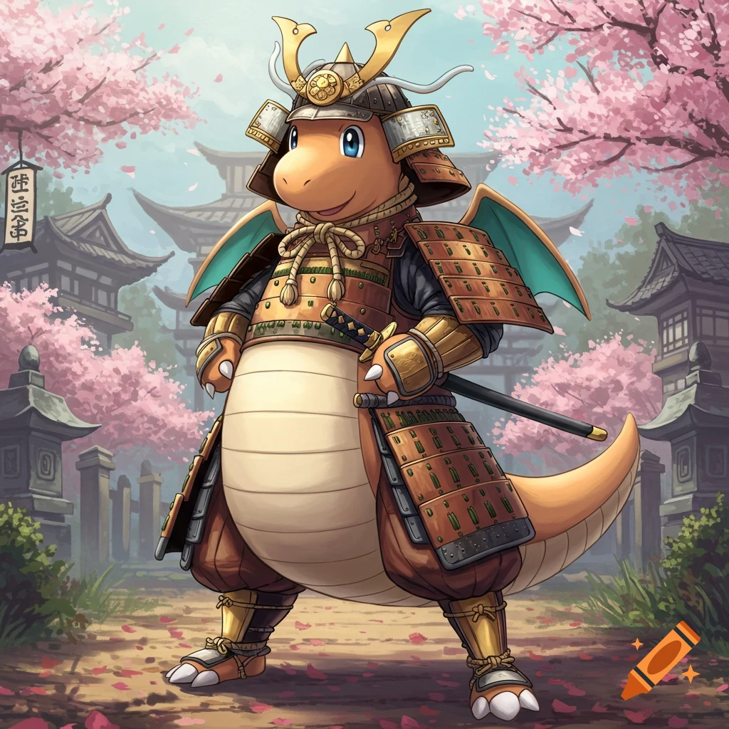 A Dragonite in samurai armor stands in a Japanese temple garden with cherry blossoms.