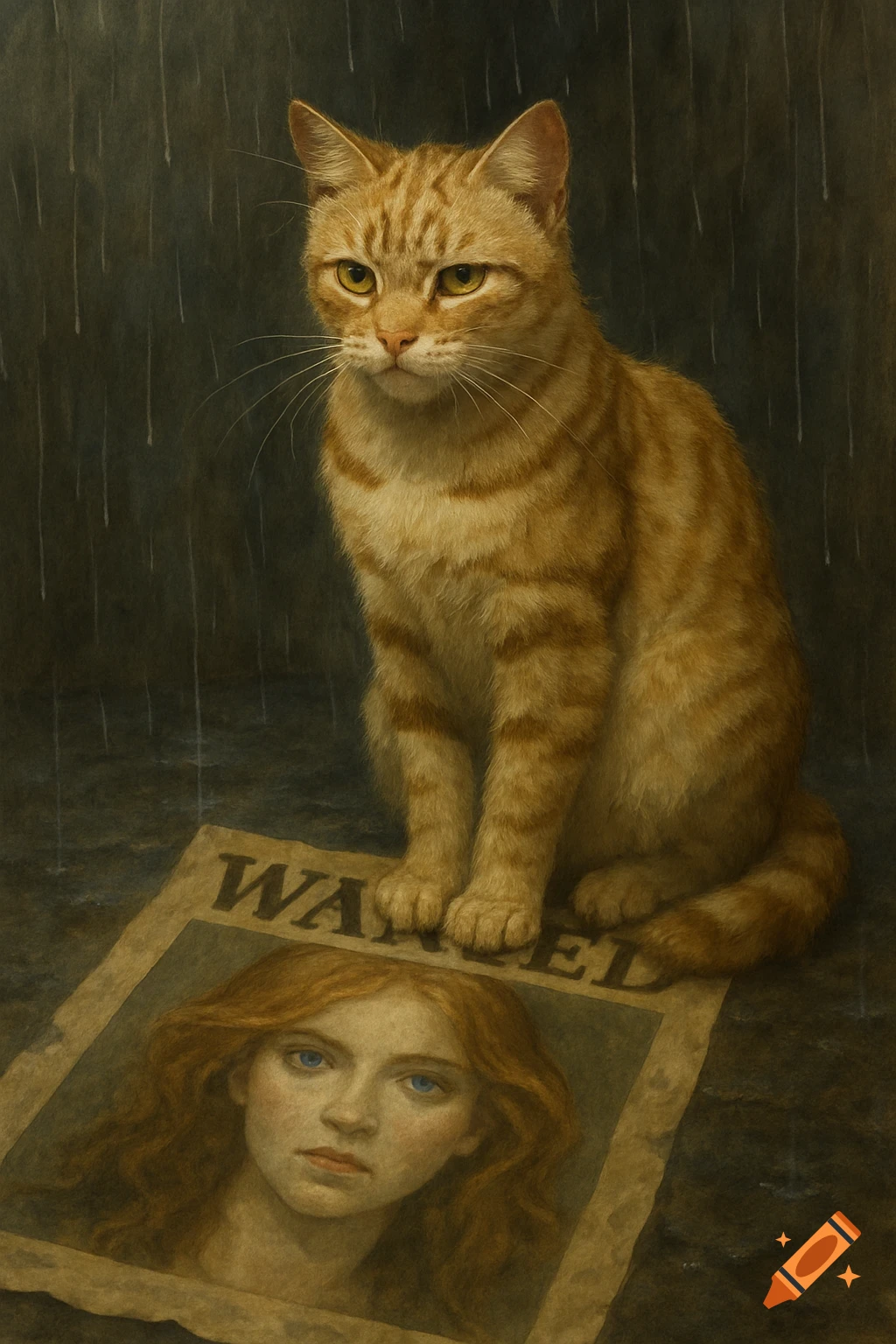 An illustration of an orange tabby cat sitting on a wanted poster with a woman's face, in the rain.