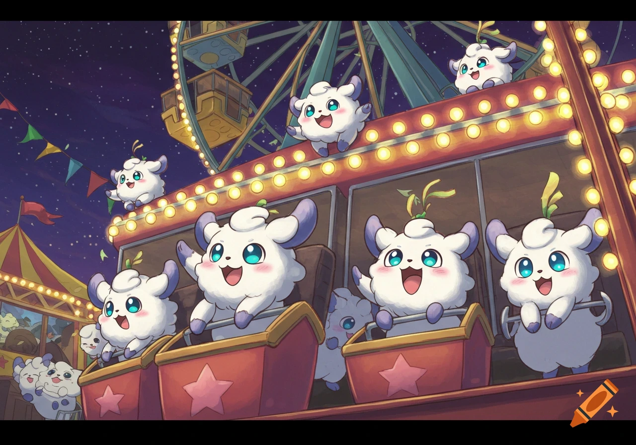 Cute white fluffy fantasy creatures ride a carnival attraction at night, with a ferris wheel and tent in the background.