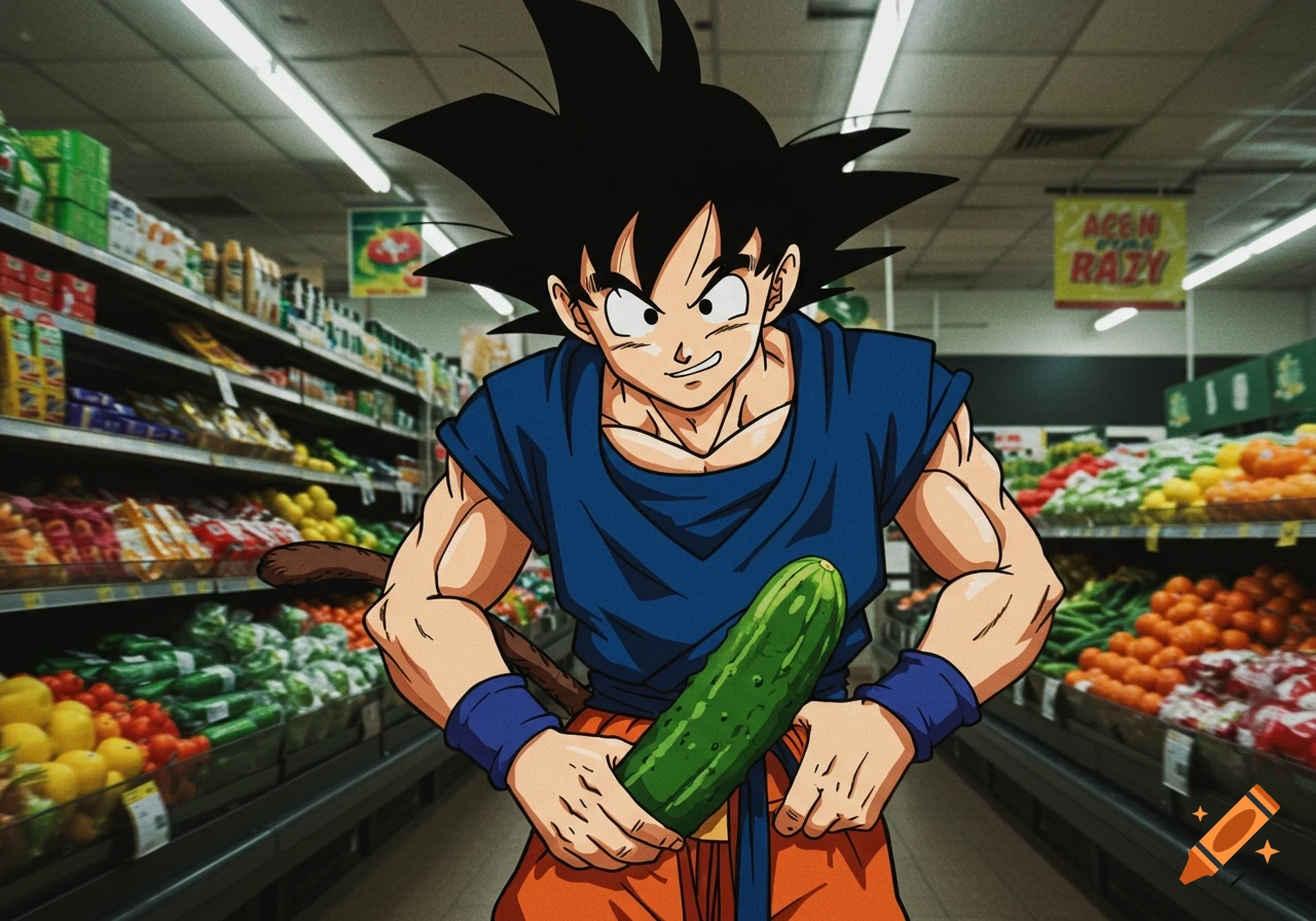 Goku from Dragon Ball Z holds a cucumber in a grocery store.