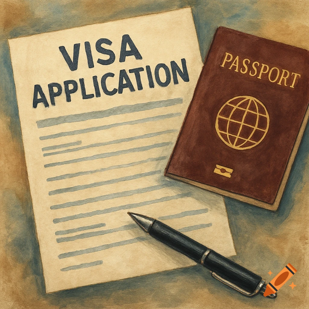 Watercolor painting of a visa application form, a passport, and a pen.