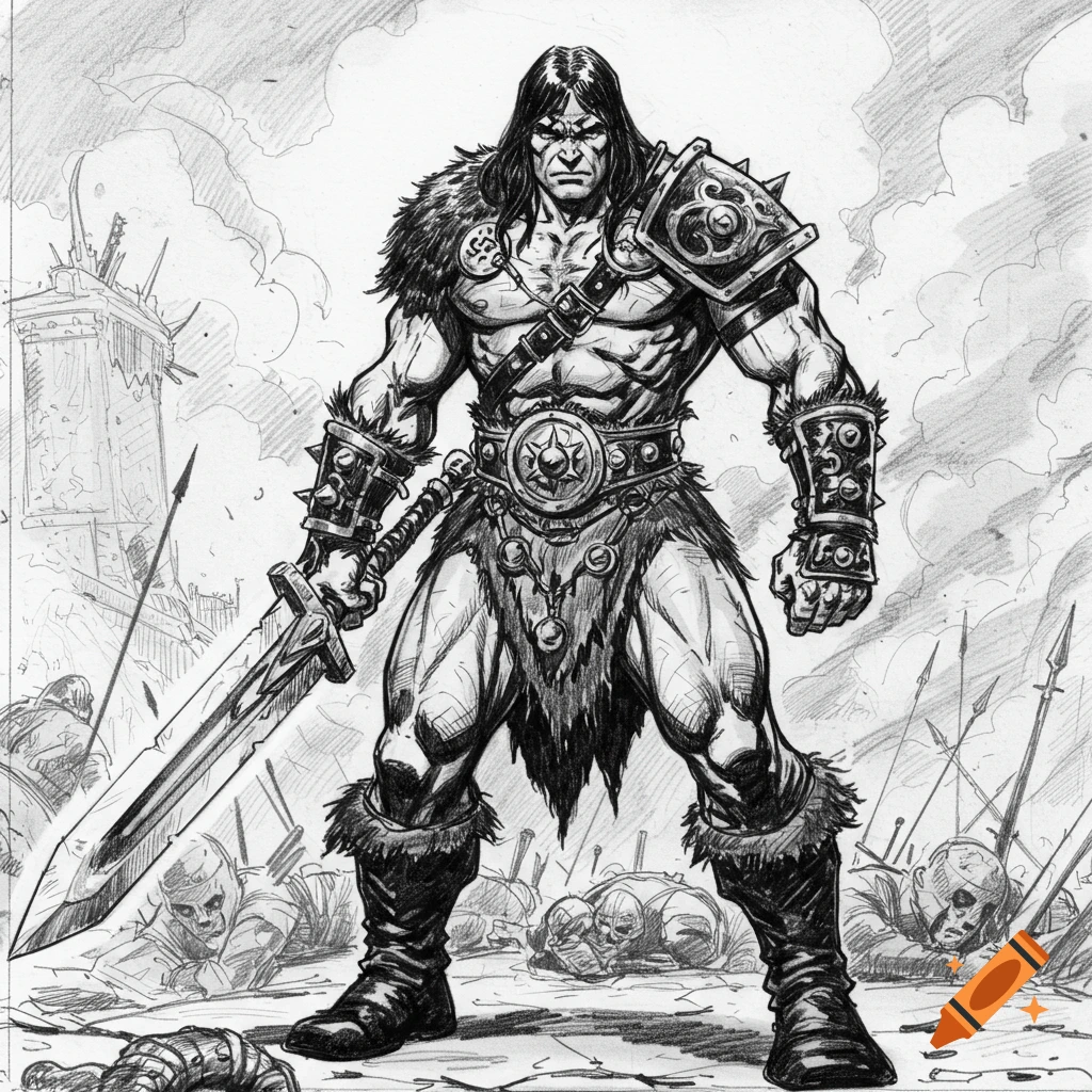 Black and white sketch of a barbarian with a sword standing among fallen foes