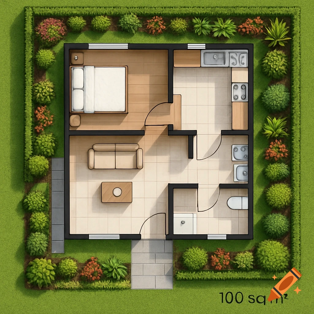Illustrated house floor plan with bedroom, living area, kitchen, and bathrooms, surrounded by landscaping, showing '100 sq m²'.