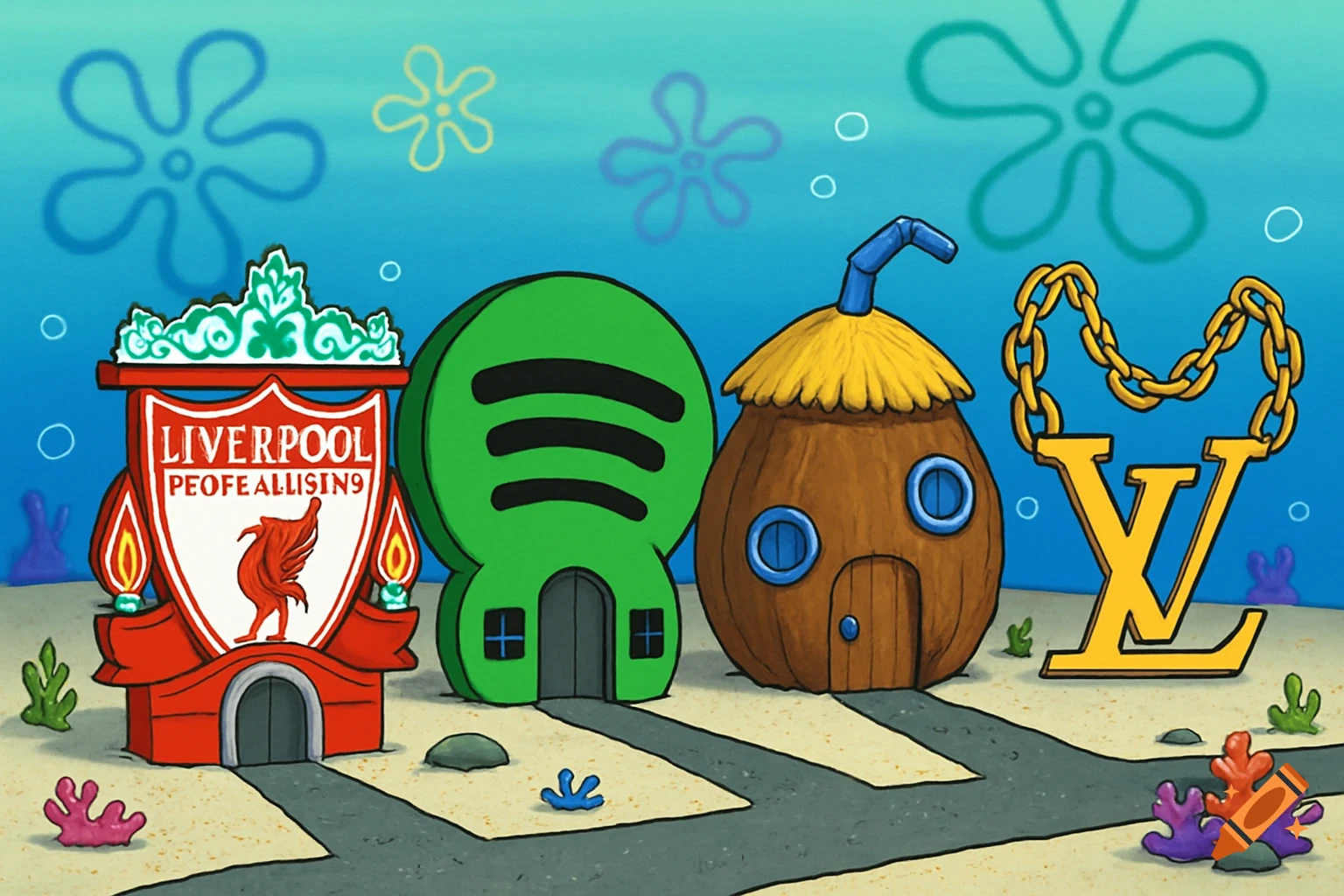 Cartoon underwater scene with houses shaped like Liverpool FC badge, Spotify logo, coconut, and Louis Vuitton logo.