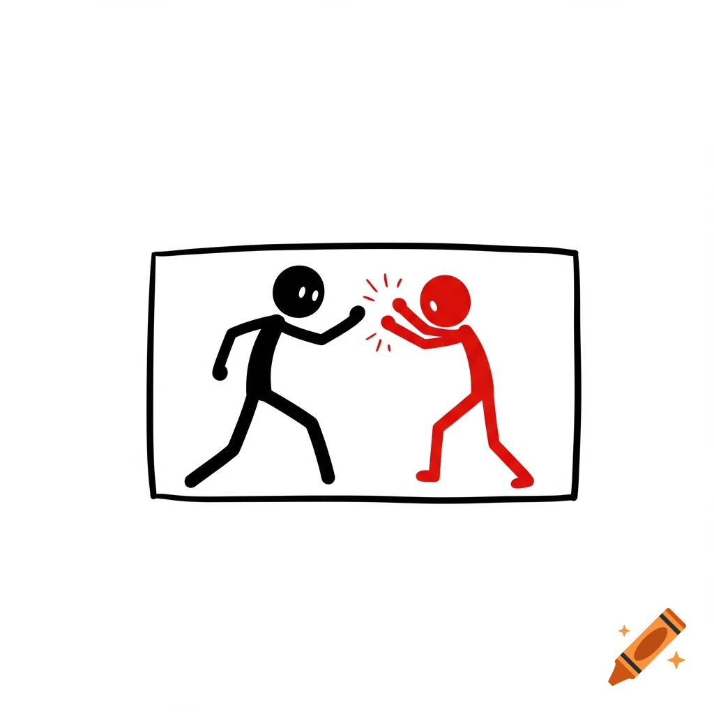 Simple drawing of a black stick figure fighting a red stick figure within a frame.