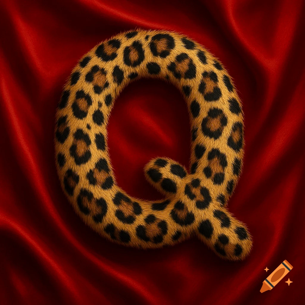 The letter Q made of leopard print fur rests on a red satin background.
