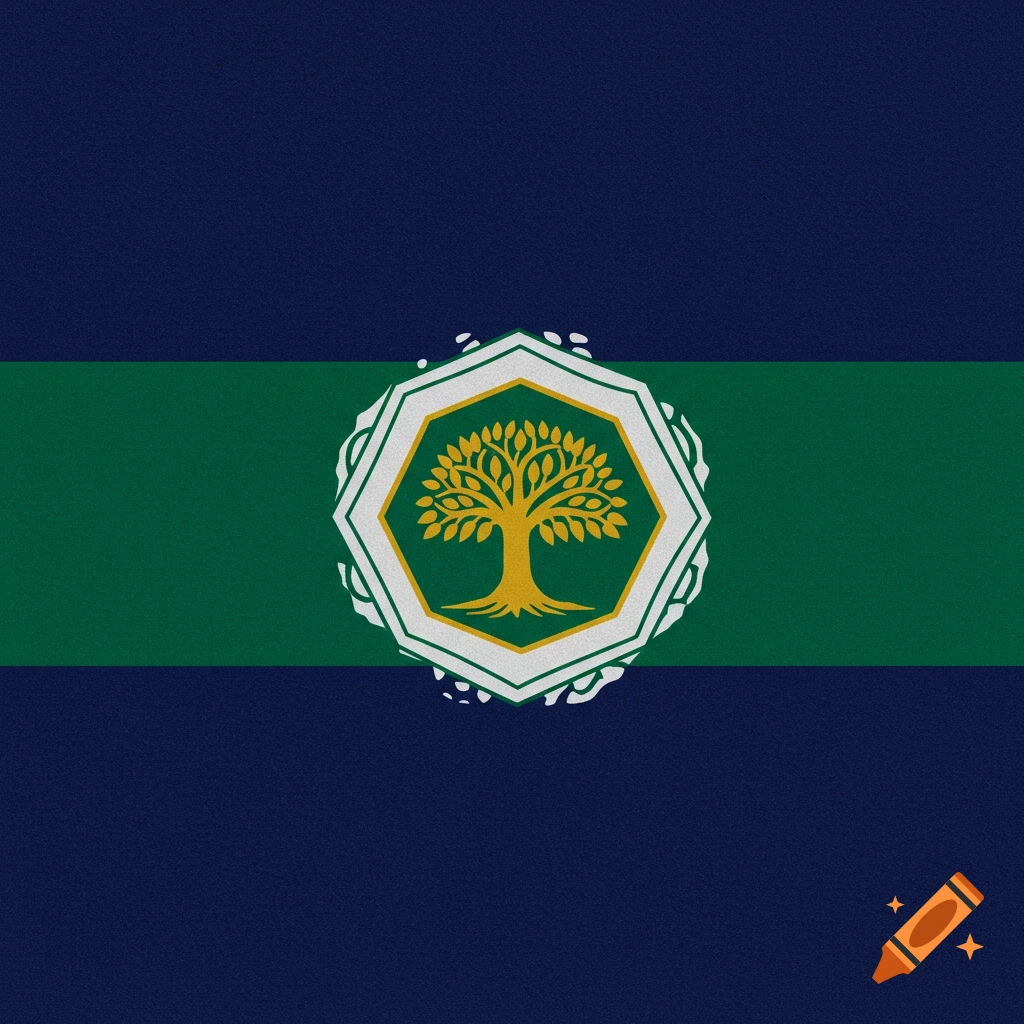 A flag design with a green horizontal stripe between two navy sections, featuring an octagonal emblem with a golden tree of life.