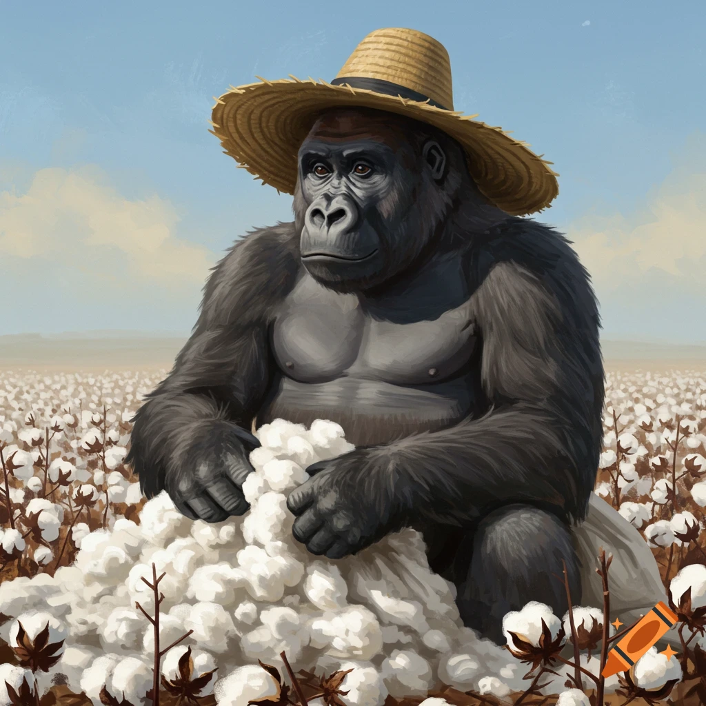 A gorilla wearing a straw hat sits in a cotton field, painted style.