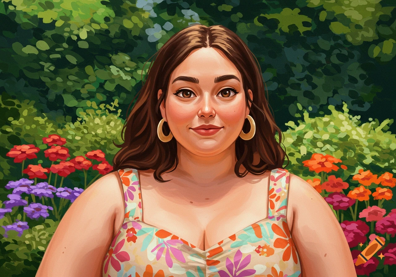 A painted portrait of a woman in a floral dress in a garden. on Craiyon