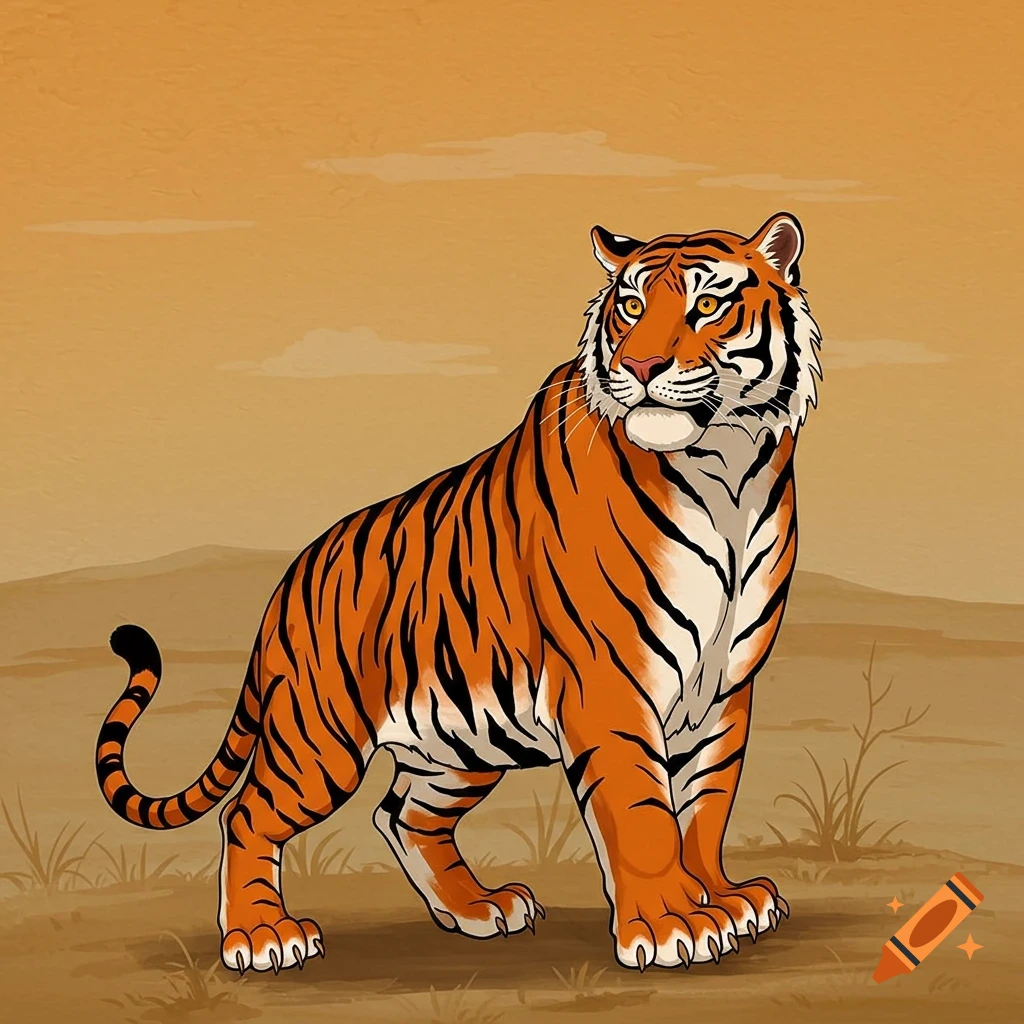 Stylized illustration of a tiger in a dry landscape