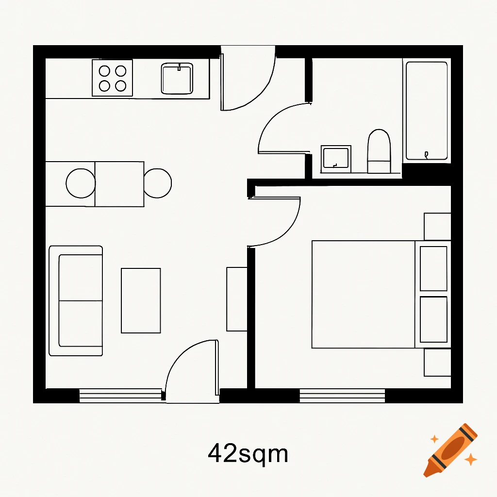 Minimalist black and white drawing of an apartment floor plan showing kitchen, living area, bedroom, and bathroom, labeled 42sqm.
