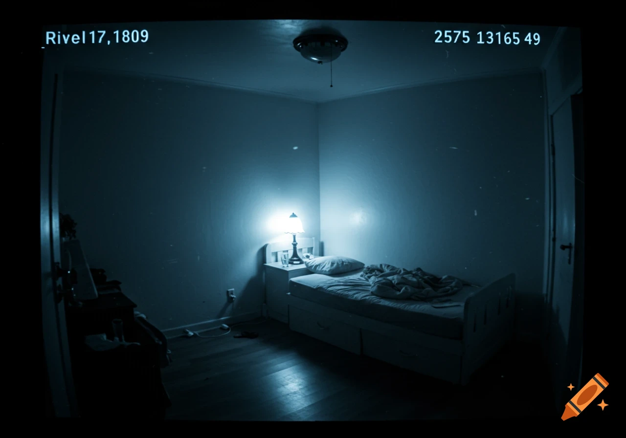 Dark bedroom viewed through a grainy CCTV filter
