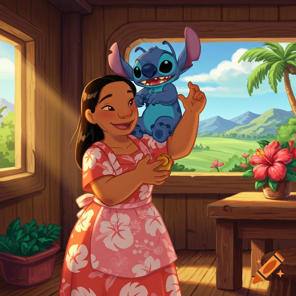 Lilo holds a yellow rock with Stitch on her shoulder, looking out a window at a tropical island landscape.