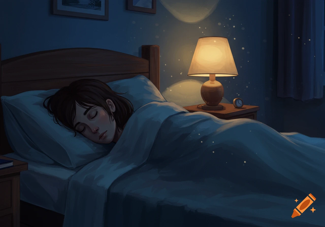 Illustration of a woman sleeping in bed at night with a lamp and clock.