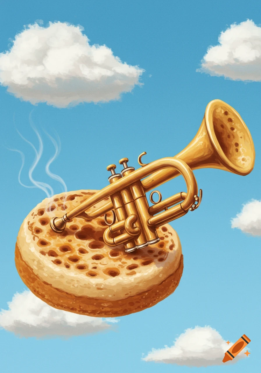 Illustration of a trumpet made from a crumpet floating in a blue sky with clouds.