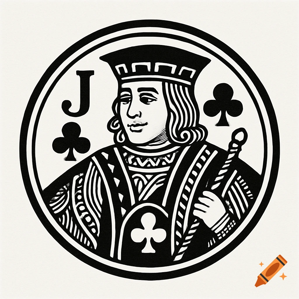 Circular black and white logo of a Jack of Clubs playing card.
