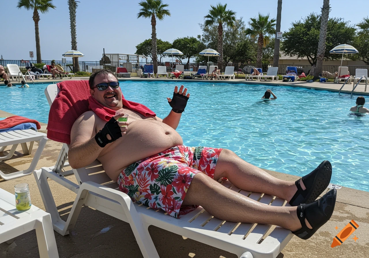 A smiling man in floral shorts, fingerless gloves, and water shoes relaxes on a lounge chair by a pool, holding a drink and waving.