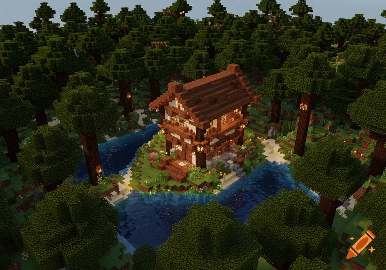 A Minecraft cabin built in a forest next to a river.