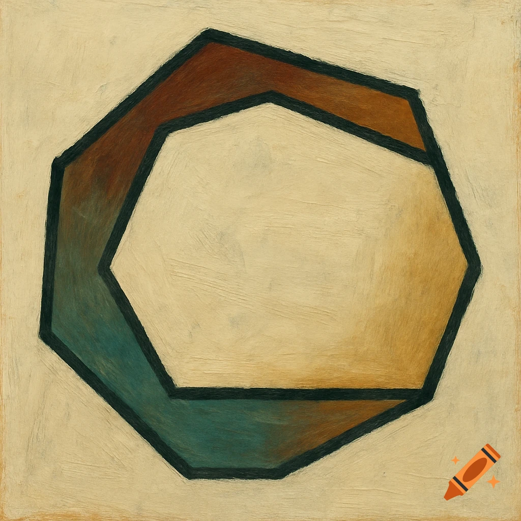 Abstract geometric shape with dark outline and brown to teal gradient fill on a textured beige background.