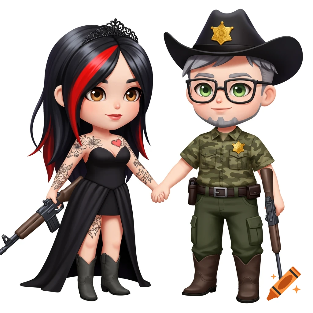 A cute chibi girl in a black dress with tattoos and a chibi boy in a ...