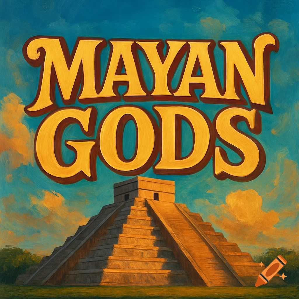 Mayan pyramid with large text 'MAYAN GODS' above it in a painterly style.