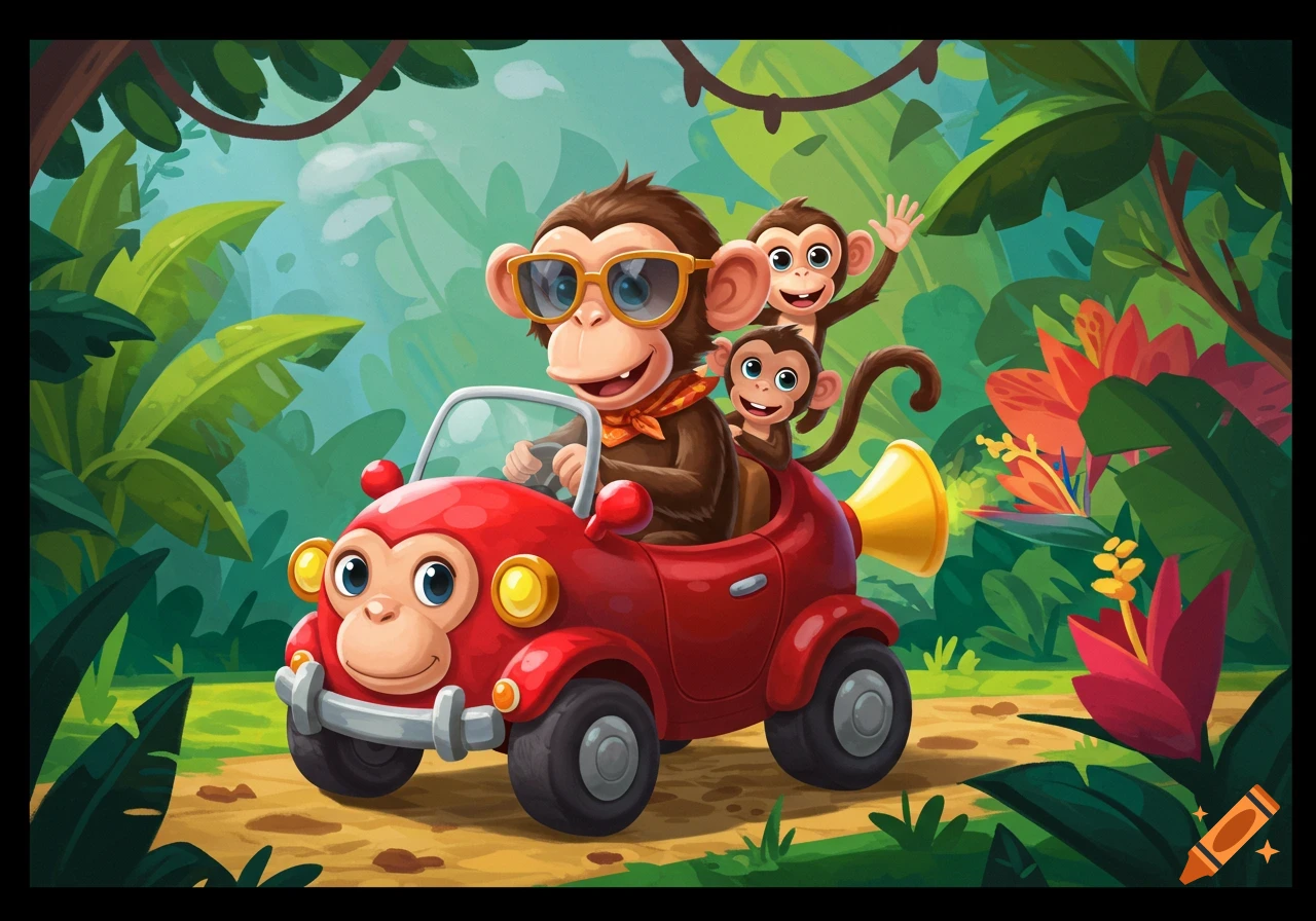 Cartoon illustration of a family of monkeys riding in a red car through a lush jungle.