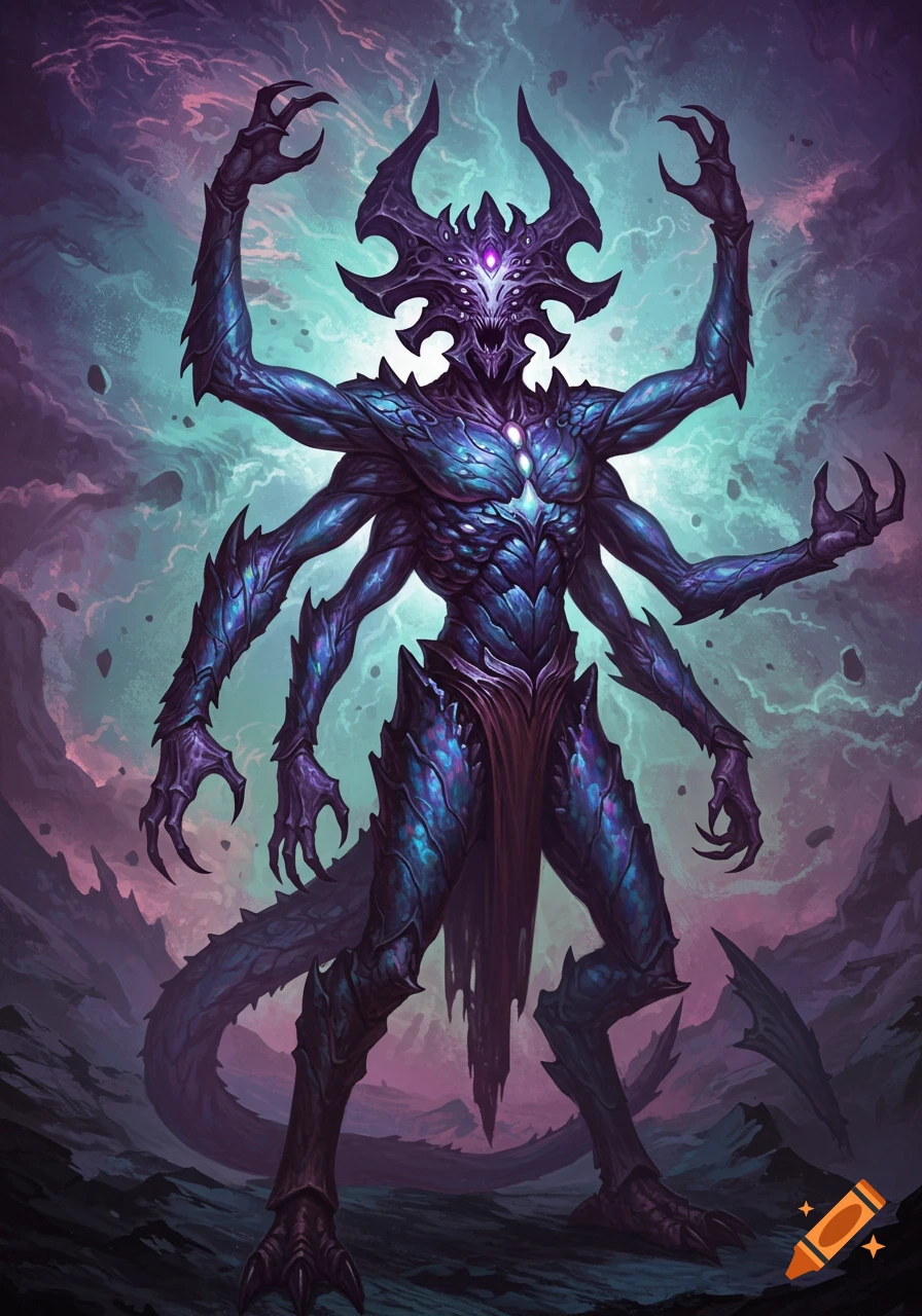 A multi-limbed alien monster with glowing purple eyes stands in a dark landscape, digital art.