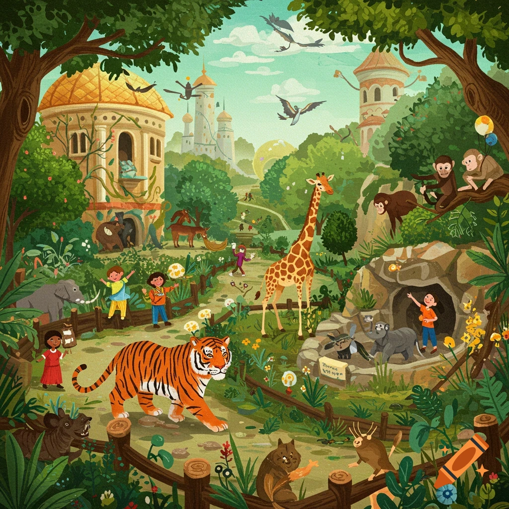 Brightly illustrated zoo scene with children, a tiger, giraffe, monkeys, elephant, and other animals in a park-like setting.