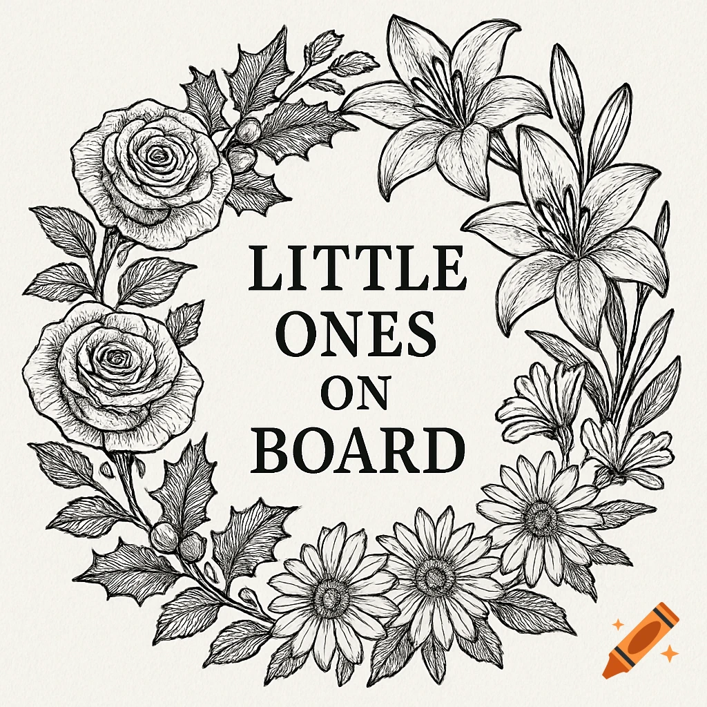 Pen ink drawing of a floral wreath with roses, lilies, and daisies surrounding the text 'LITTLE ONES ON BOARD'.