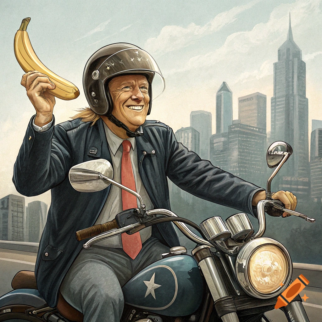 A person resembling Donald Trump rides a motorcycle through a city holding up a banana.