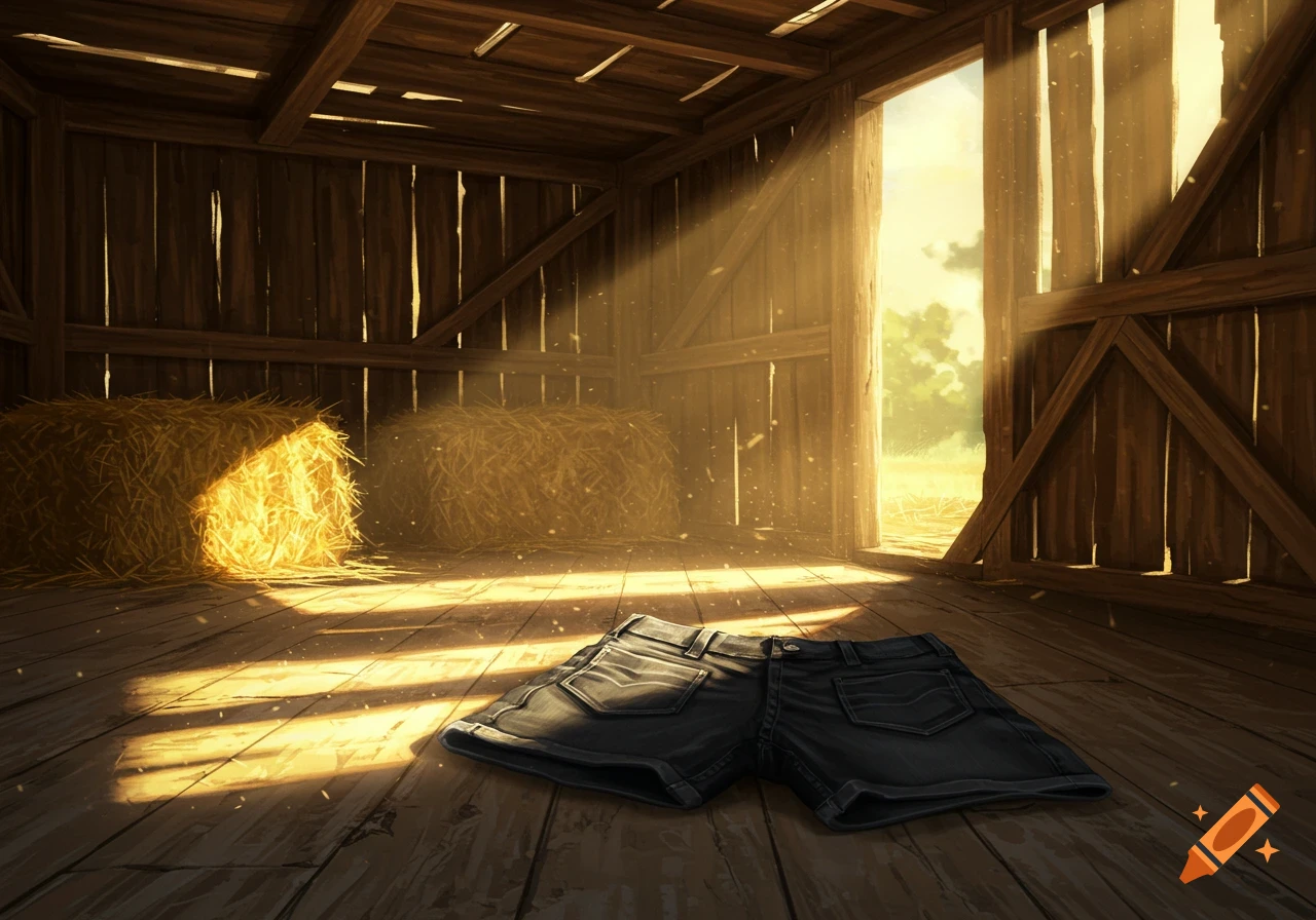 Dark shorts lie on the wooden floor of a barn lit by sunlight, with hay bales in the background.