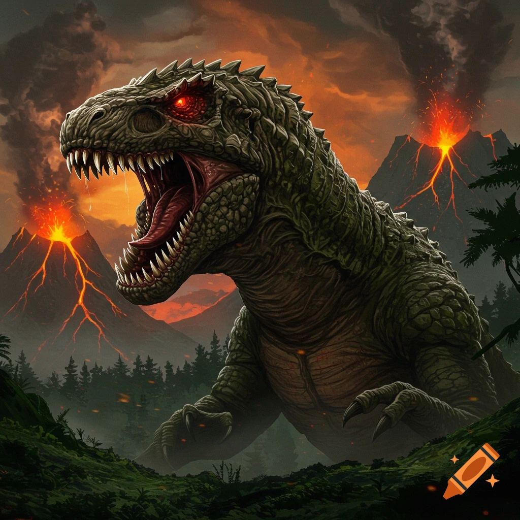 Large green dinosaur with red eyes roars amidst erupting volcanoes under a fiery sky in a prehistoric landscape.