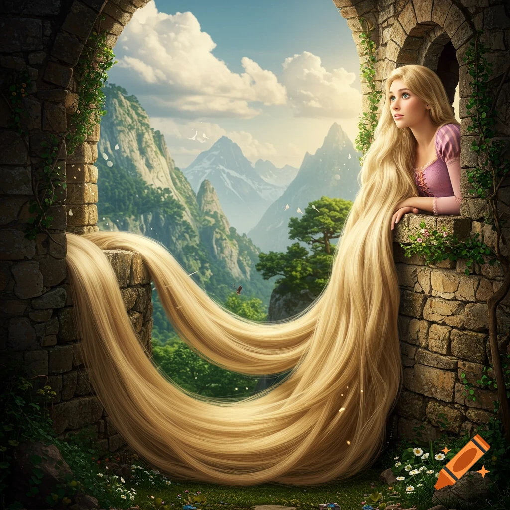 A woman with long golden hair looks out from a stone tower window at a mountain landscape.