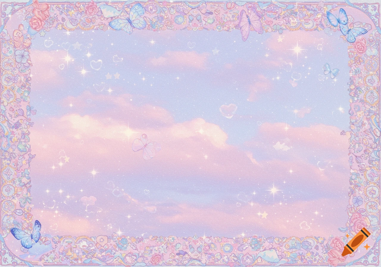 Dreamy pastel sky with a decorative border featuring flowers, butterflies, and stars.