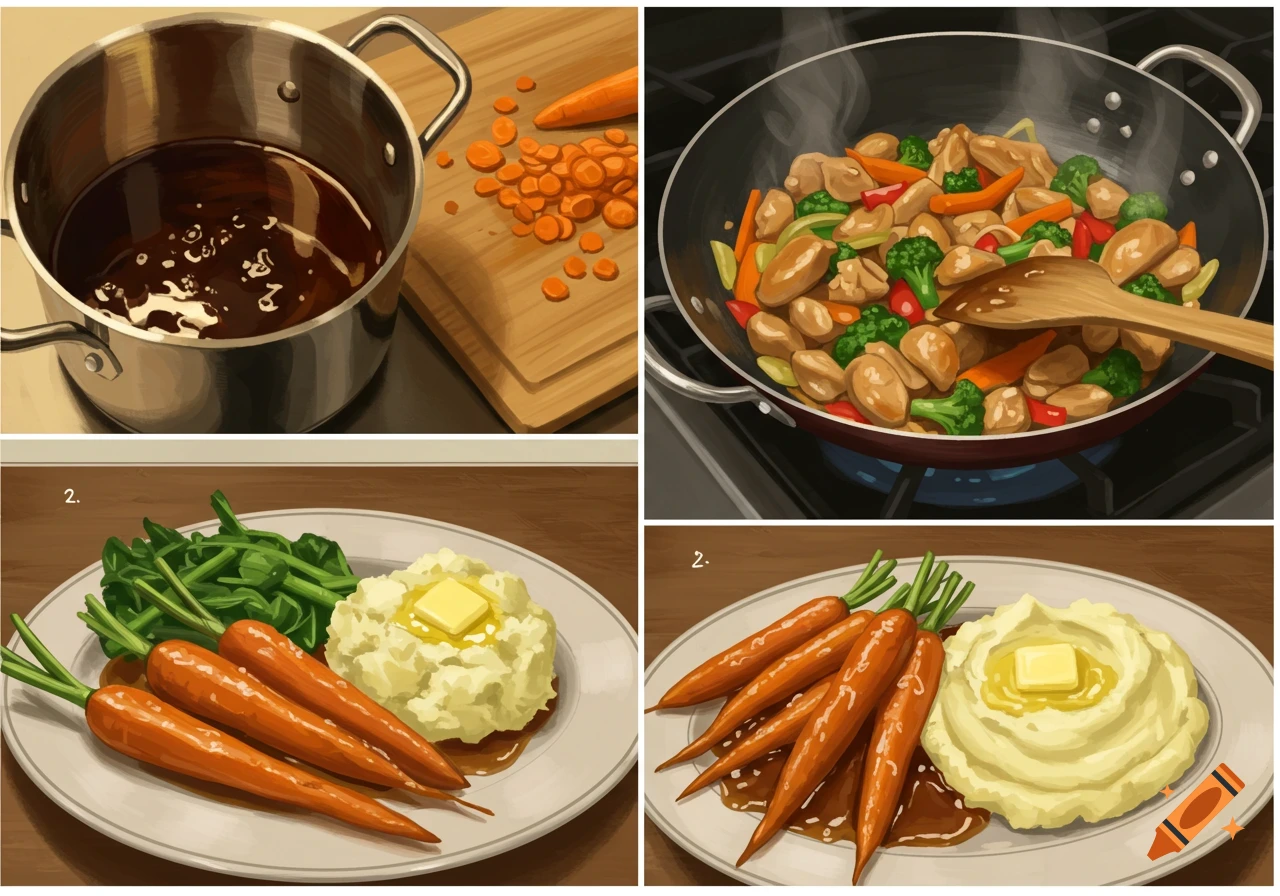An illustration showing steps of cooking and plated food: demi-glaze, stir-fry, and plated mashed potatoes with carrots.
