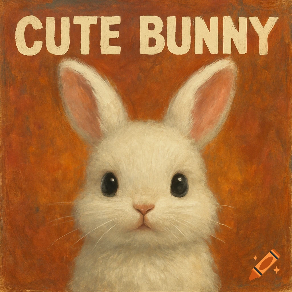 Close-up illustration of a cute white bunny against an orange background, with the text "CUTE BUNNY" above it.
