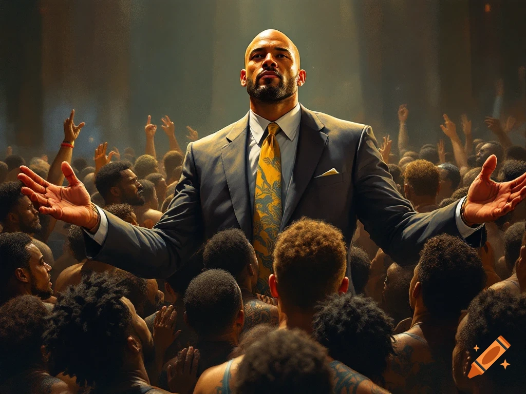 Bald man in a suit addressing a large crowd of people in a dramatic painting.