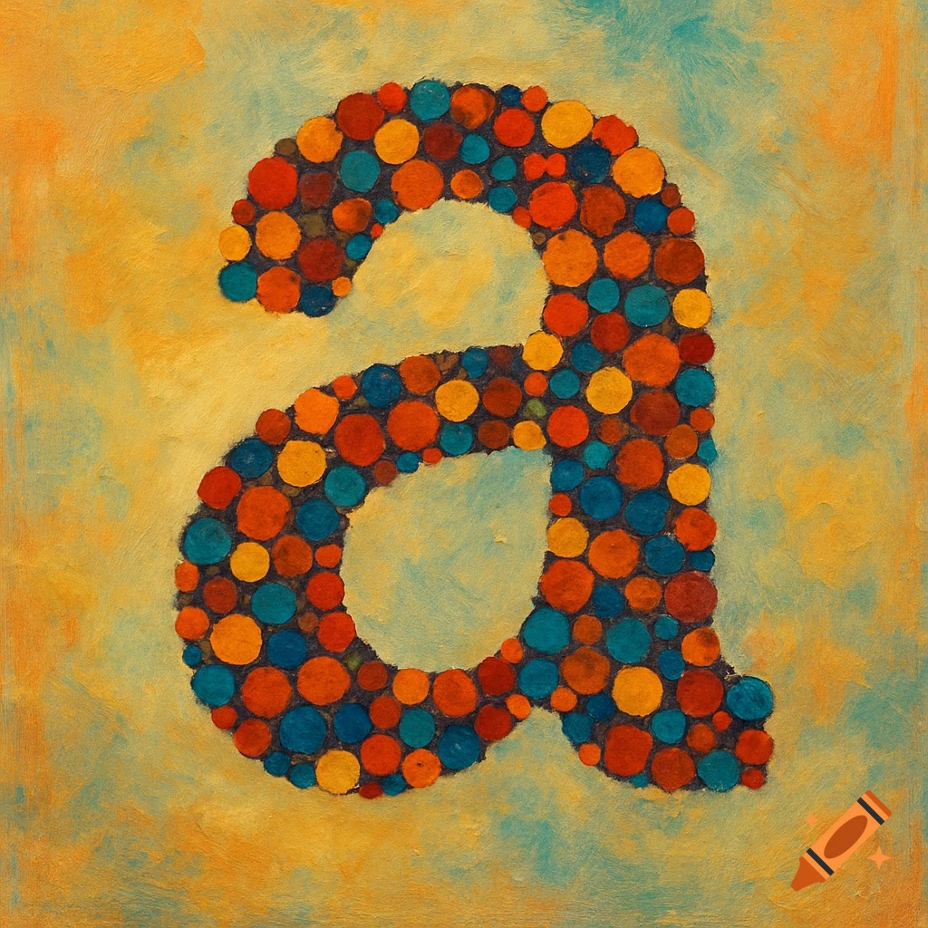 Painting of a lowercase letter 'a' made of colorful red, orange, yellow, and blue dots on a textured background.