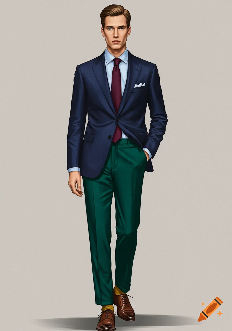 A man models a dark blue suit jacket with green pants, a light blue shirt, a maroon tie, yellow socks, and brown shoes.
