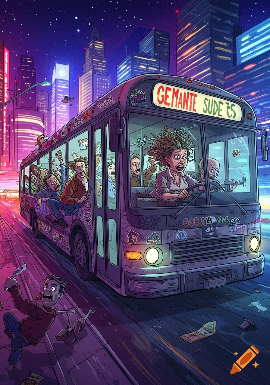 Stylized illustration of a crazy crowded city bus ride at night.