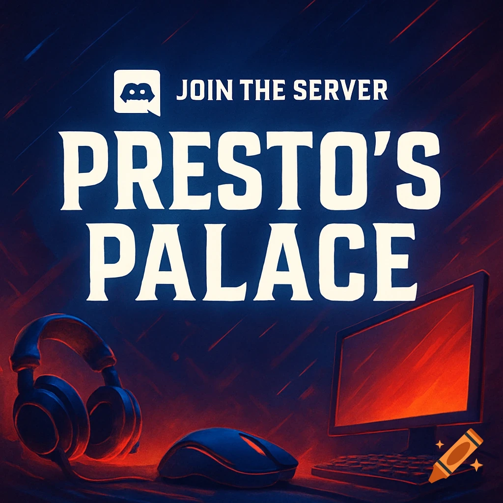 Digital art of gaming setup (headphones, mouse, screen) with 'JOIN THE SERVER PRESTO'S PALACE' text in an esports style.