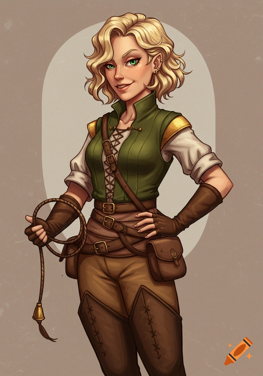 Blonde female bounty hunter in fantasy outfit holds a whip with a coy smirk