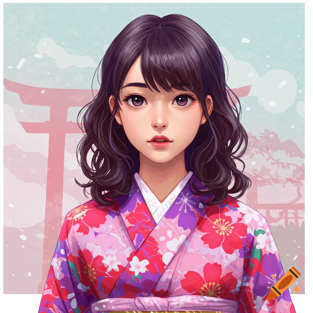 Anime portrait of a young woman in a purple and pink kimono with a torii gate in the background.