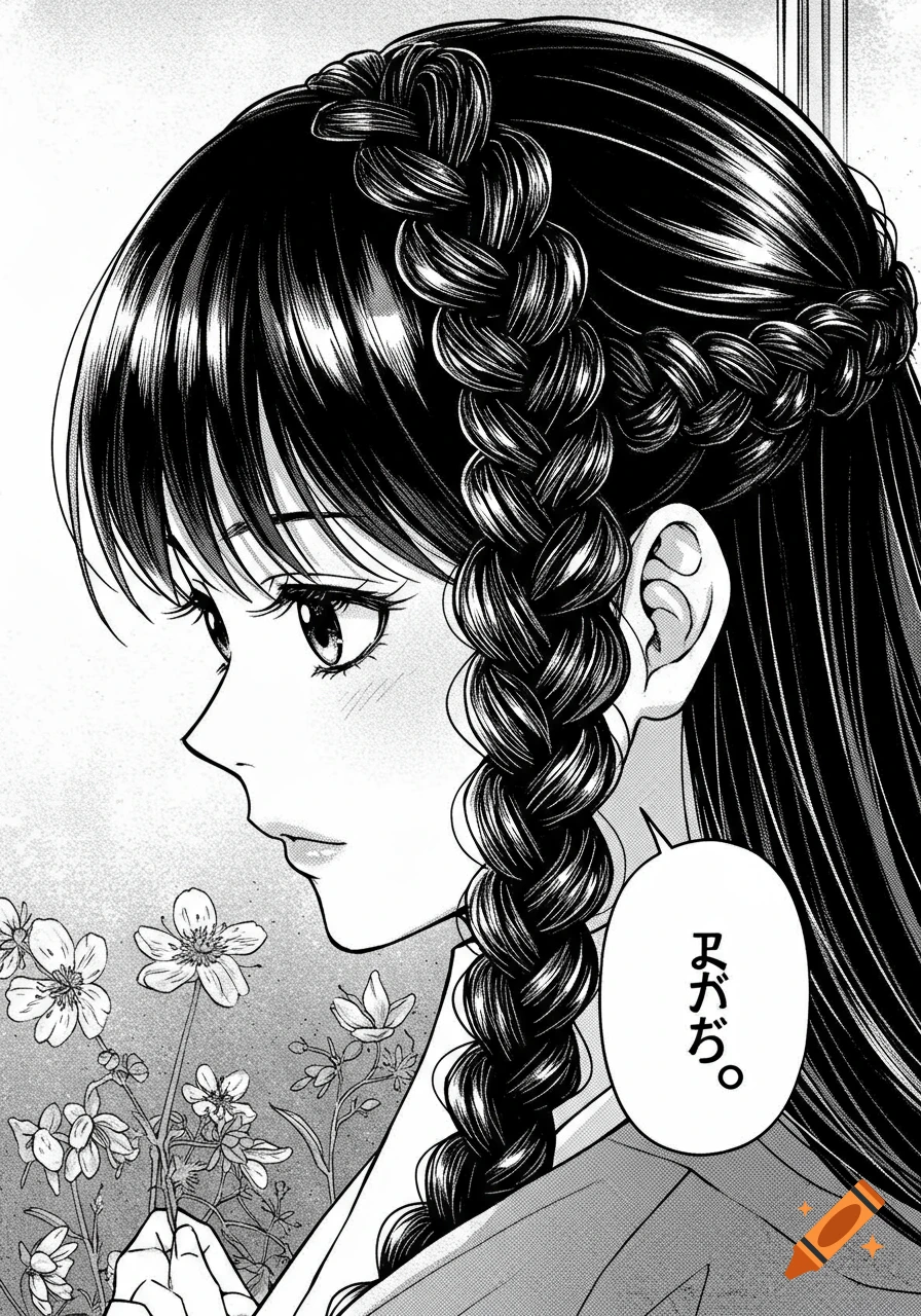 Manga close-up of a woman with braided hair holding flowers in black and white