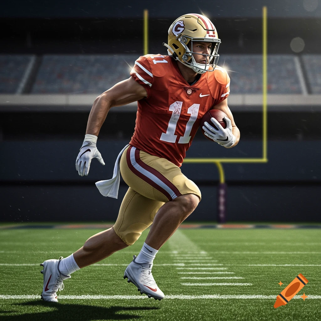 A football player in a red and gold uniform running with a ball on a field.
