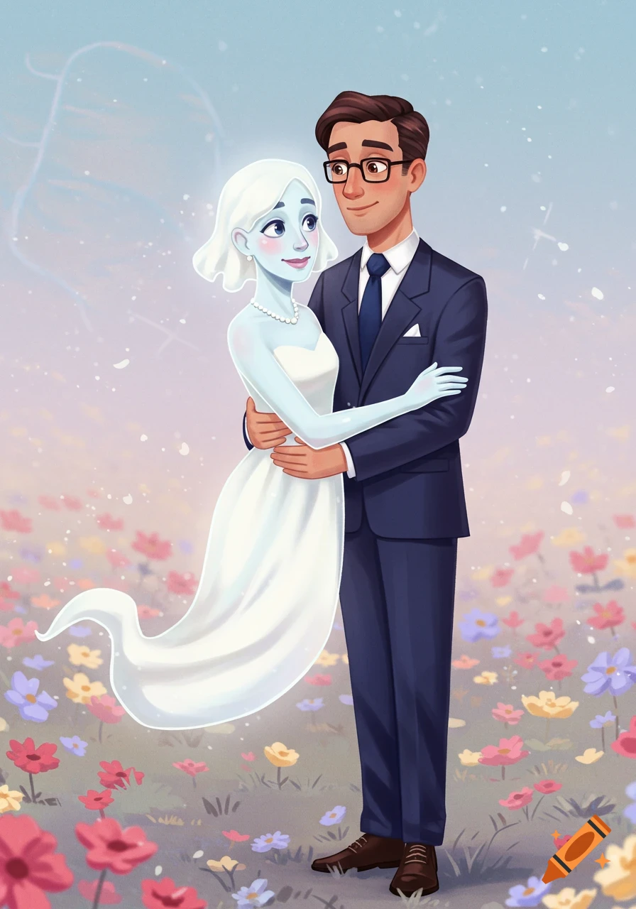 A cartoon style illustration of a man and a ghost woman standing together in a field of flowers.