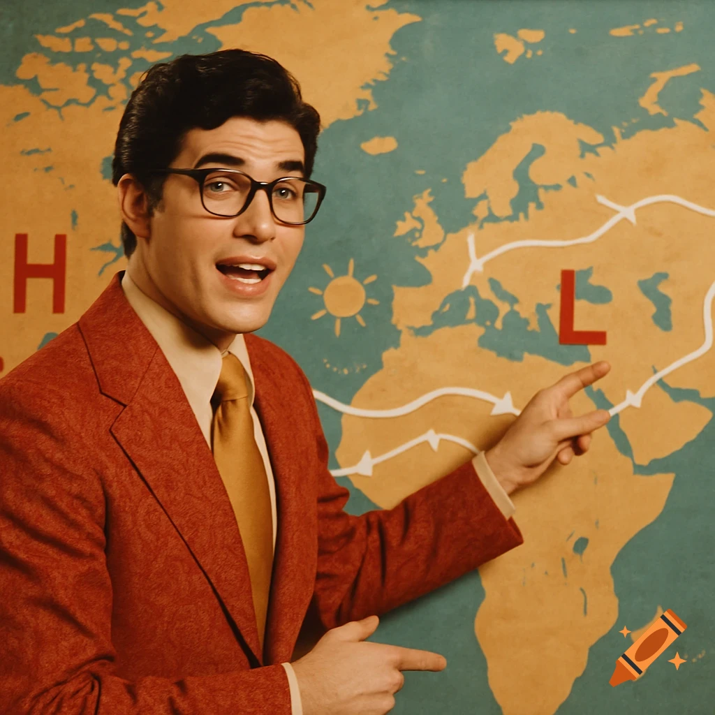 Man in 70s suit and glasses pointing at a world weather map