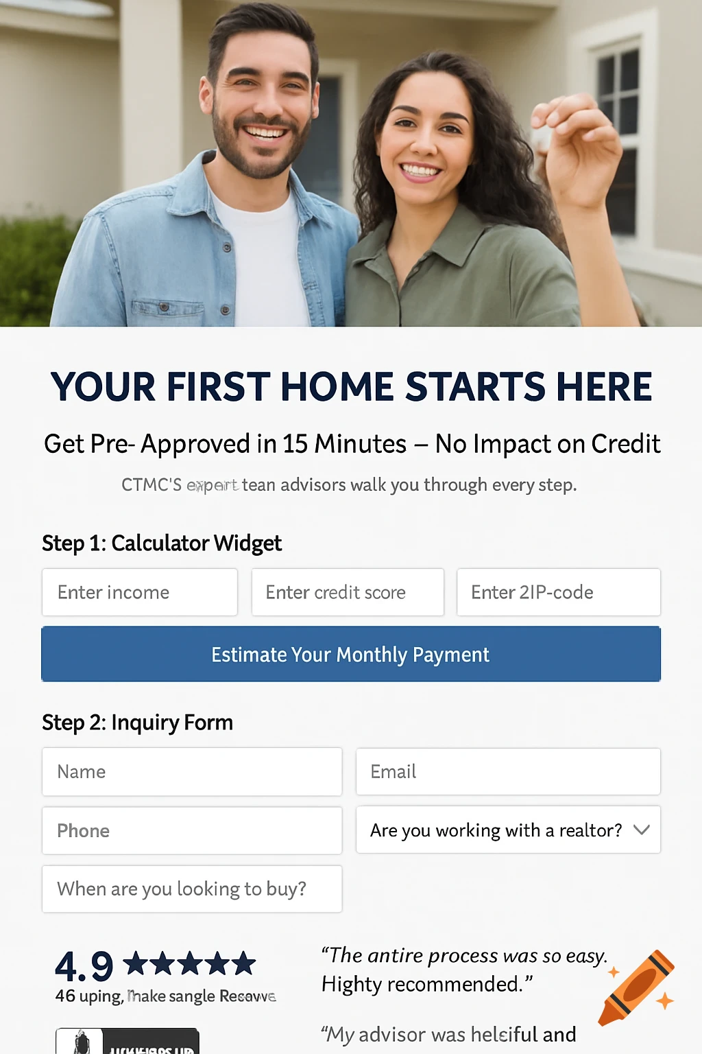 A smiling couple stands outside a house, holding keys. Below is a landing page layout with text and form fields related to buying a home.